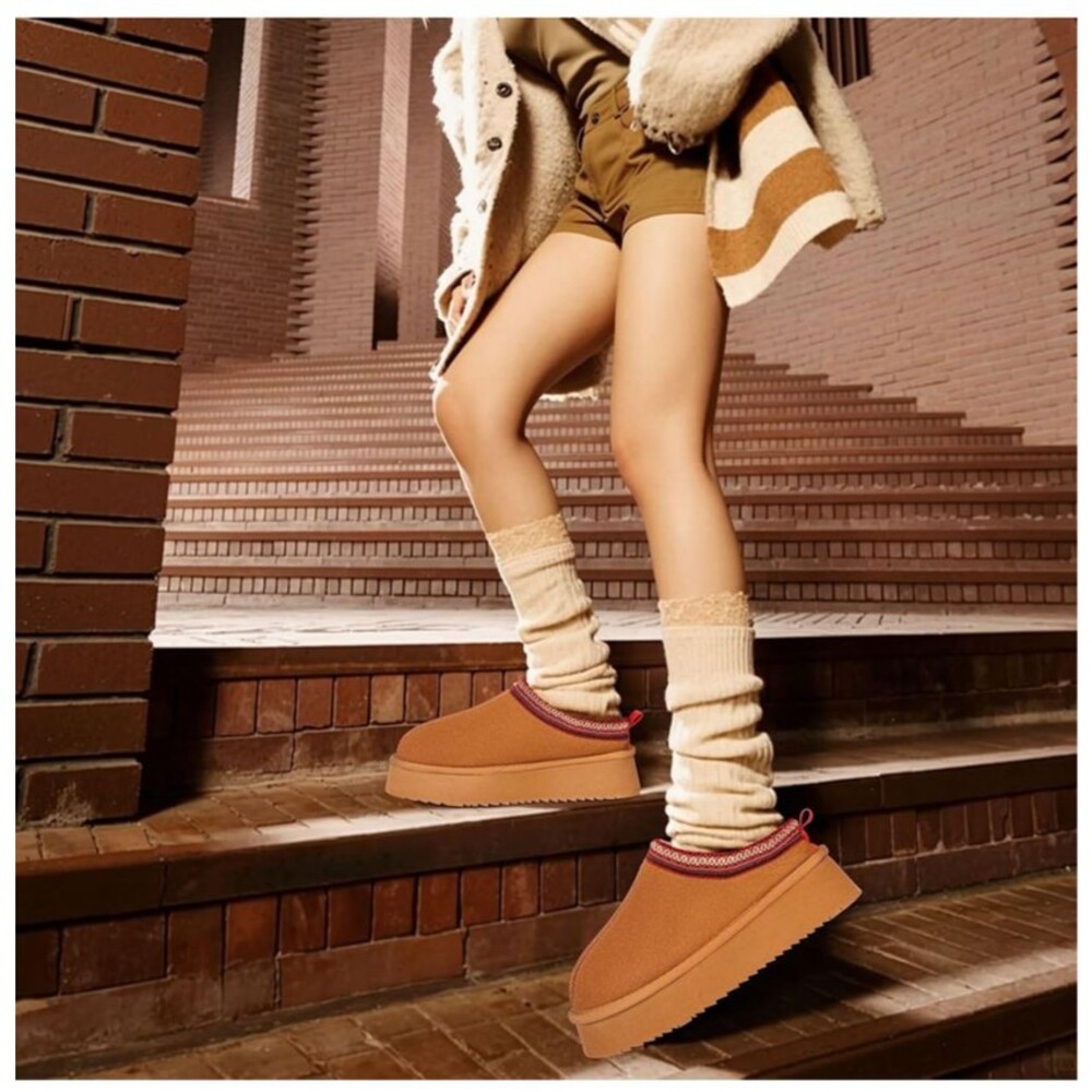 Women's Platform Mini Boots Slippers Furry Lining Anti-Slip Tan Suede Sz 10 New!